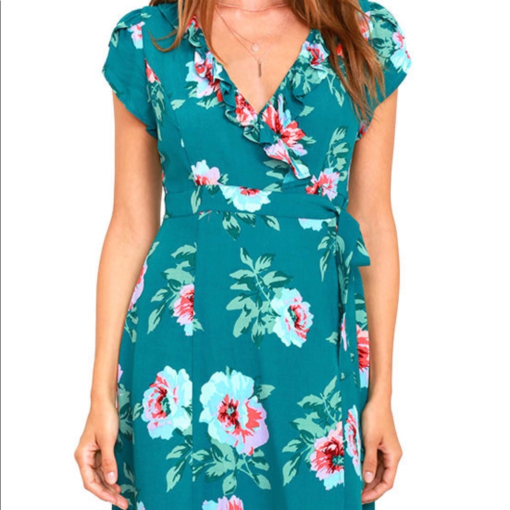 Mink Pink Pretty Primrose Teal Blue Floral Print Wrap Dress